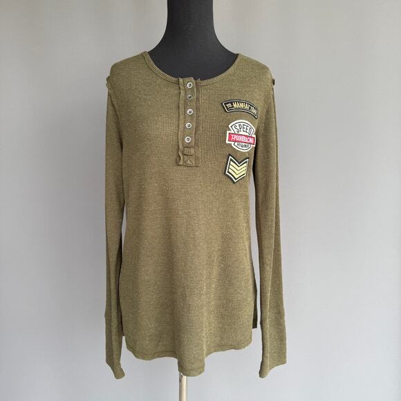 Hem & Thread olive green waffle knit thermal top - henley - military style - M - Picture 2 of 10